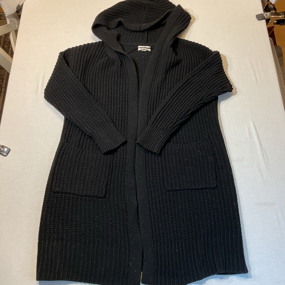 Style & CO Black Knited Cardigan with Hood Size Med Pockets Warm Fall Winter